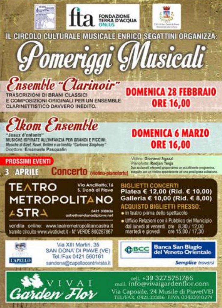 AL TEATRO METROPOLITANO ASTRA L’ENSEMBLE “CLARINOIR”