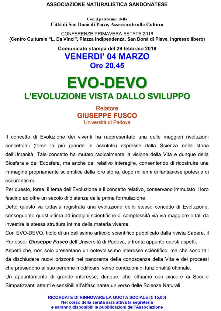 ASSOCIAZIONE NATURALISTICA SANDONATESE PRESENTA “EVO-DEVO: L’EVOLUZIONE VISTA DALLO SVILUPPO”