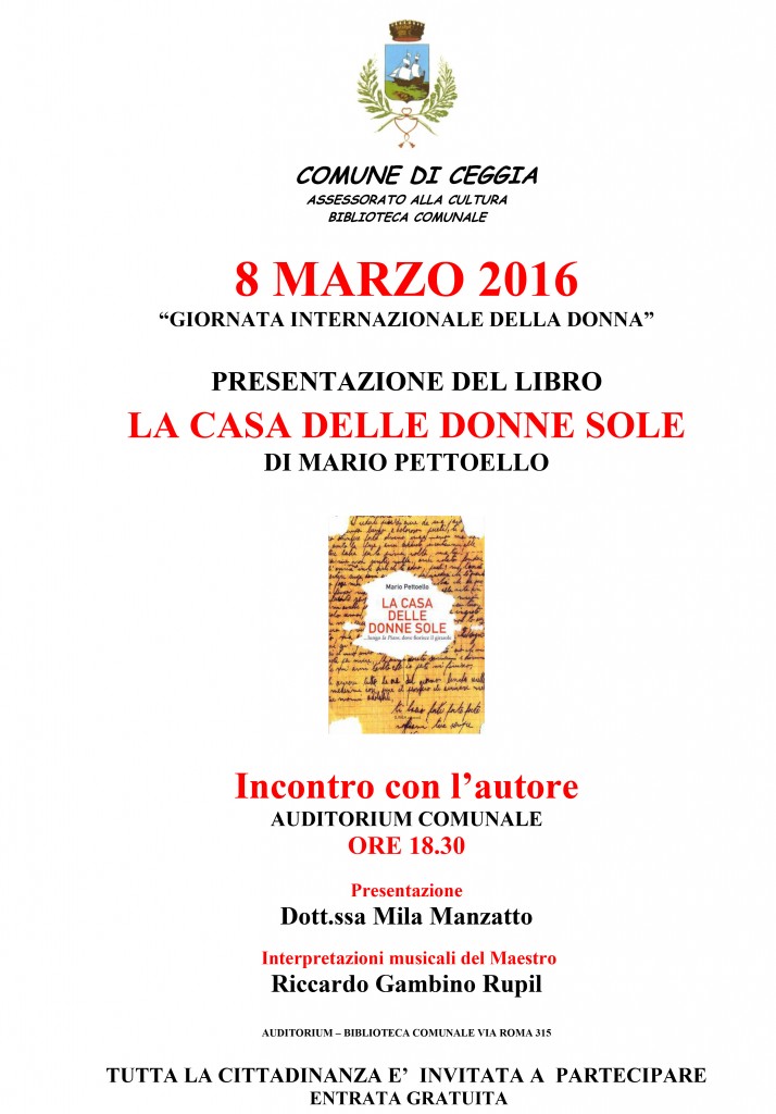 CEGGIA. PRESENTAZIONE LIBRO: “LA CASA DELLE DONNE SOLE”