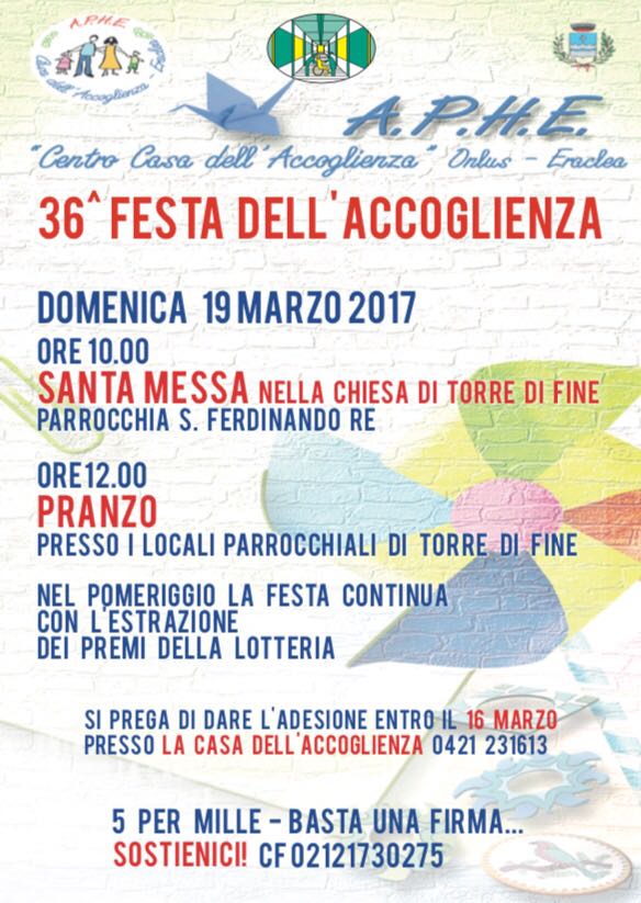 L’ASSOCIAZIONE A.P.H.E. ORGANIZZA LA 36^ FESTA DELL’ACCOGLIENZA