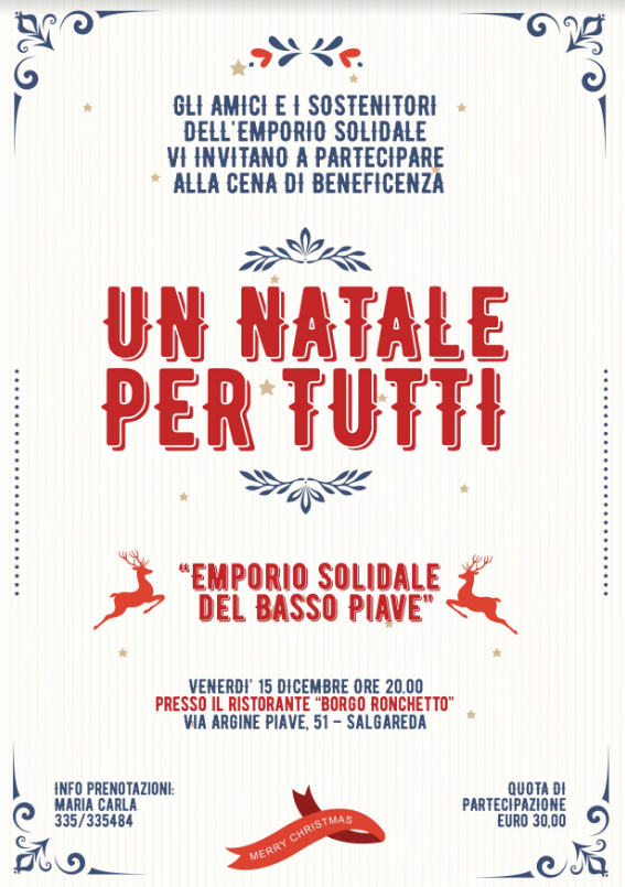 “UN NATALE PER TUTTI”: LA CENA DI BENEFICENZA DELL’EMPORIO SOLIDALE DEL BASSO PIAVE