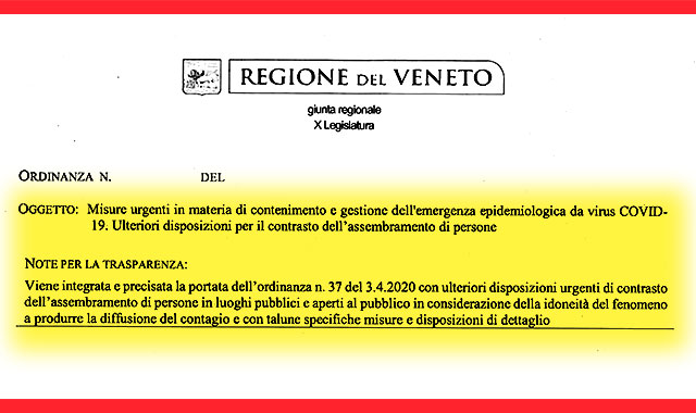 CORONAVIRUS. TRASMISSIONE ORDINANZA INTEGRATIVA A ORDINANZA N.37 DEL PRESIDENTE LUCA ZAIA