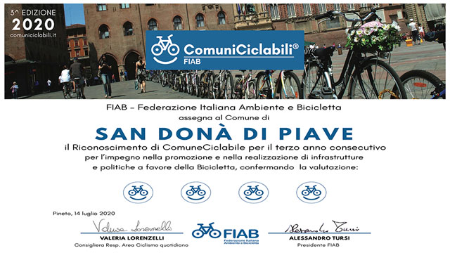 PER IL TERZO ANNO, SAN DONÀ OTTIENE 4 BIKE SMILE NELLA TERZA EDIZIONE DI FIAB COMUNICICLABILI