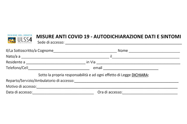 ULSS 4 V.O. DA GIOVEDI’ ALL’INGRESSO DEGLI OSPEDALI VA COMPILATA UN’AUTOCERTIFICAZIONE